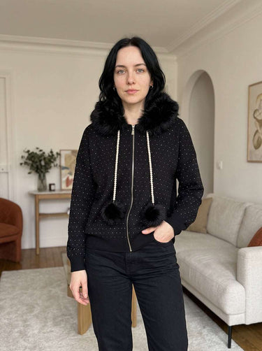 Veste zippée à capuche avec strass et fausse fourrure – Noir
