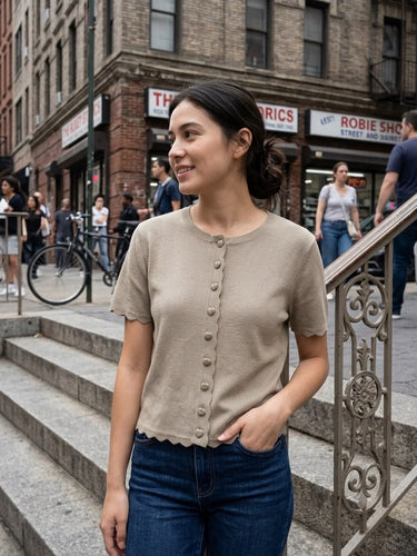 Cardigan en Maille à Manches Courtes et Boutons - OLIVE