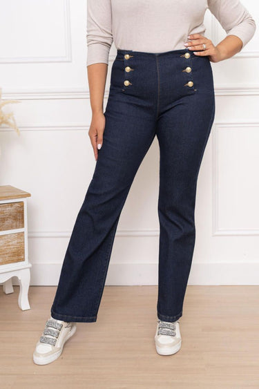 Jean Femme Grande Taille Évasé à Taille Haute avec Boutons Décoratifs - Noir