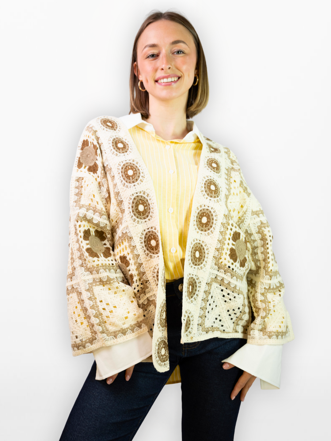 Elinembine Haakvest Beige & Camel Geometrische Motieven Oversized