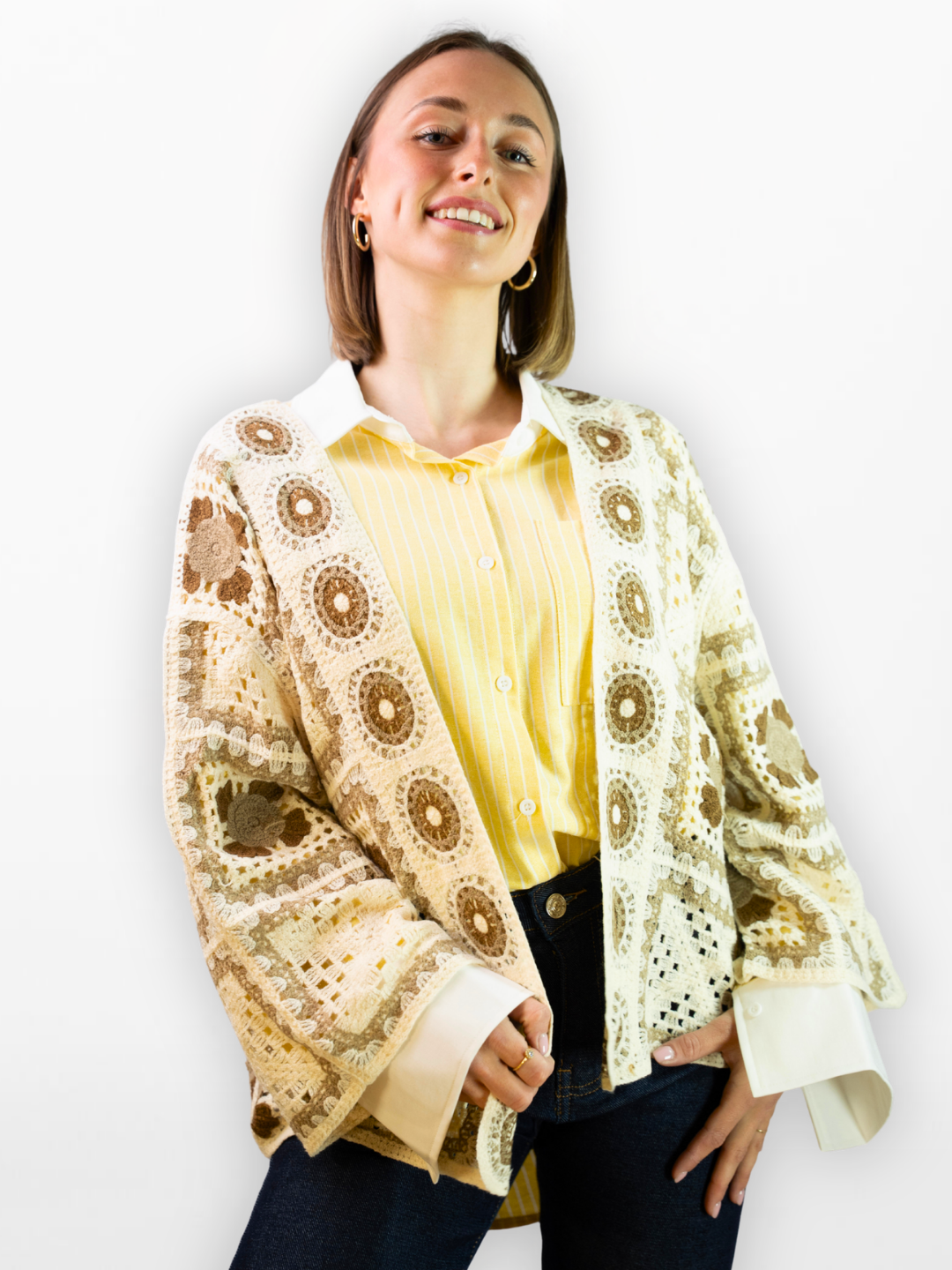 Elinembine Haakvest Beige & Camel Geometrische Motieven Oversized