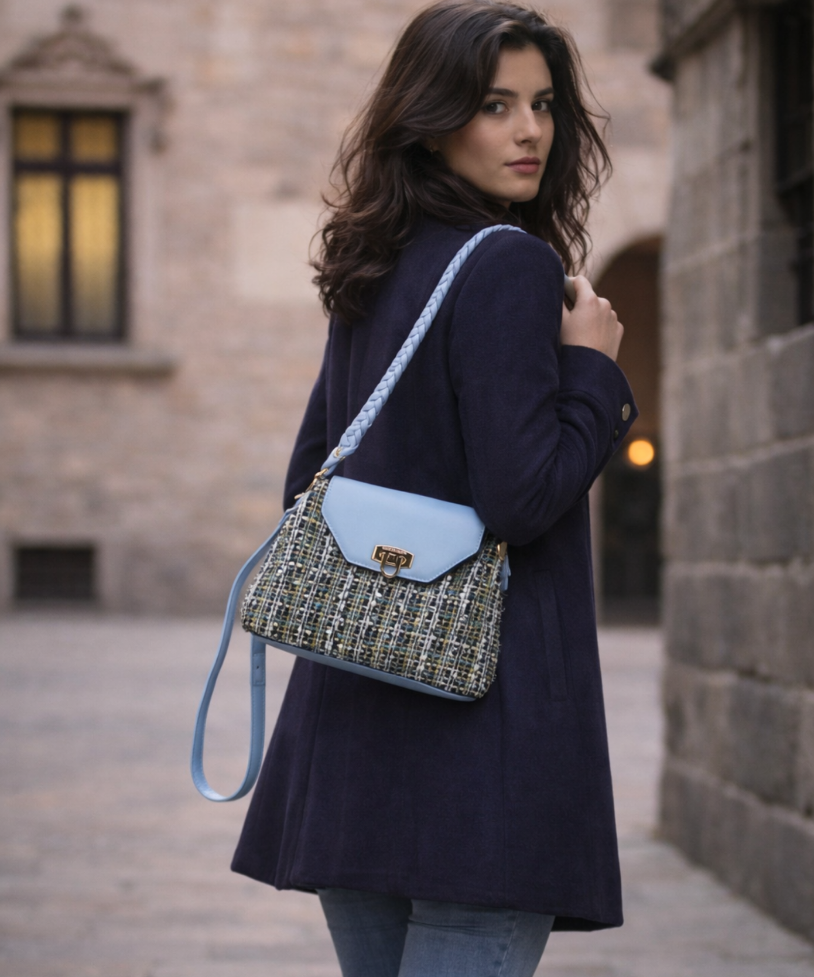 Sac Bandoulière Tweed Multicolore & Rabat Bleu Ciel