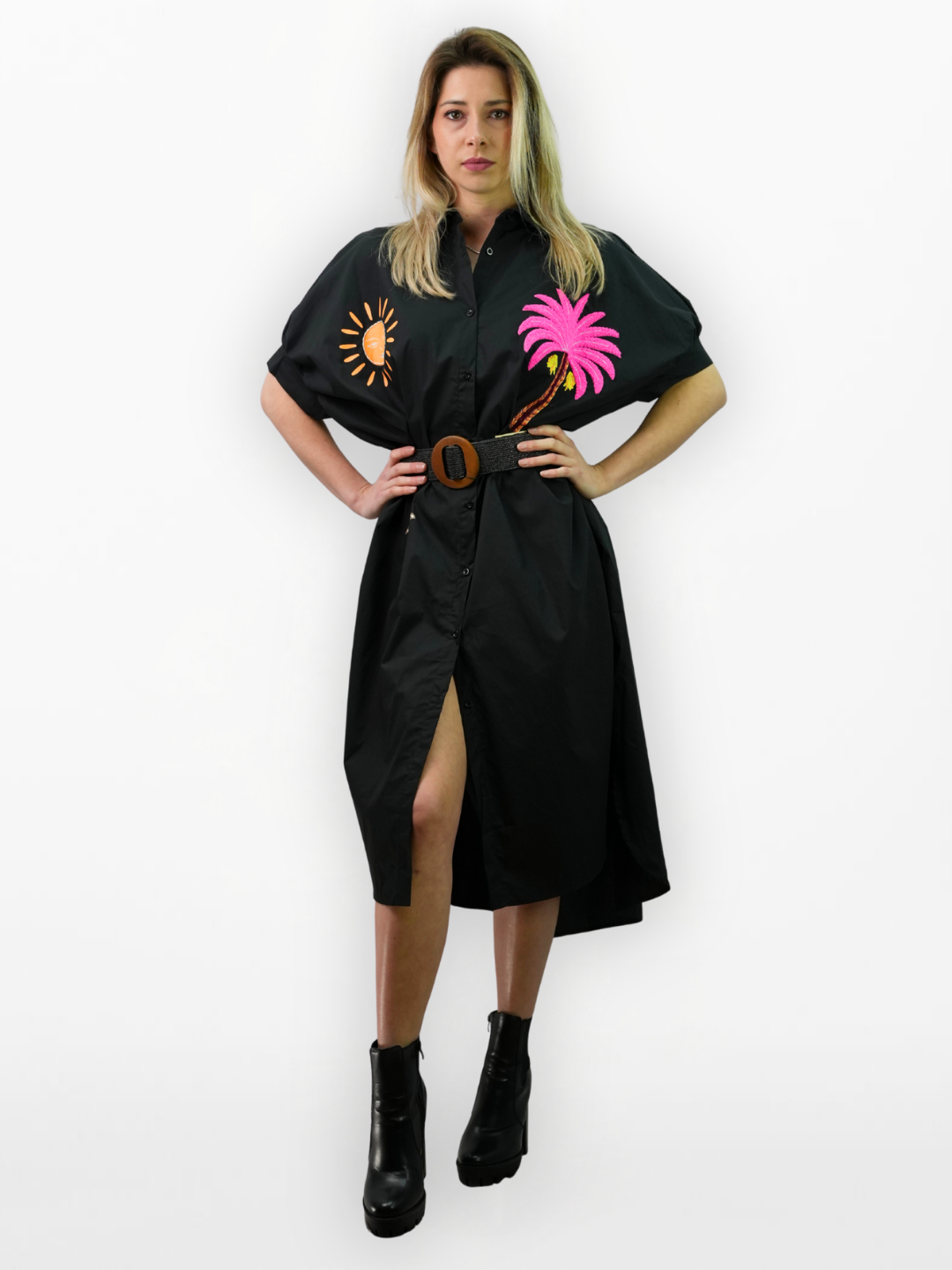 Schwarzes Kleid mit Tropischer Stickerei