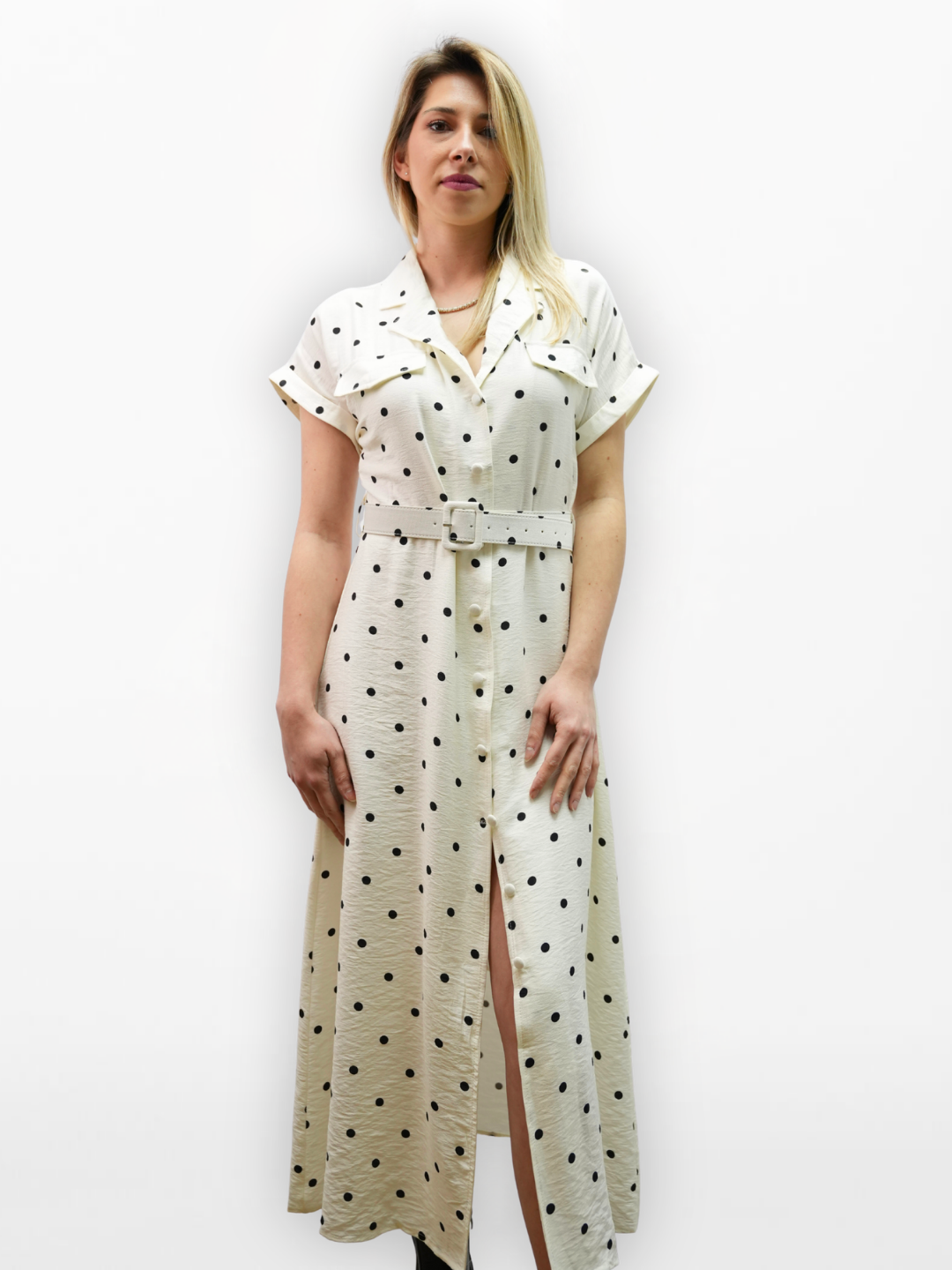 Maxi-Hemdblusenkleid mit Polka-Dots und Gürtel