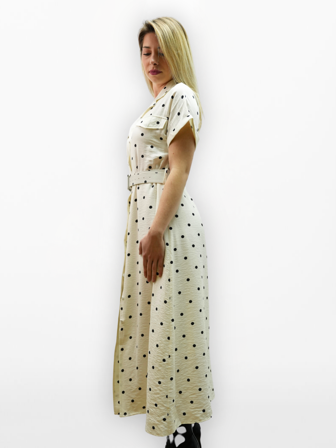 Maxi-Hemdblusenkleid mit Polka-Dots und Gürtel