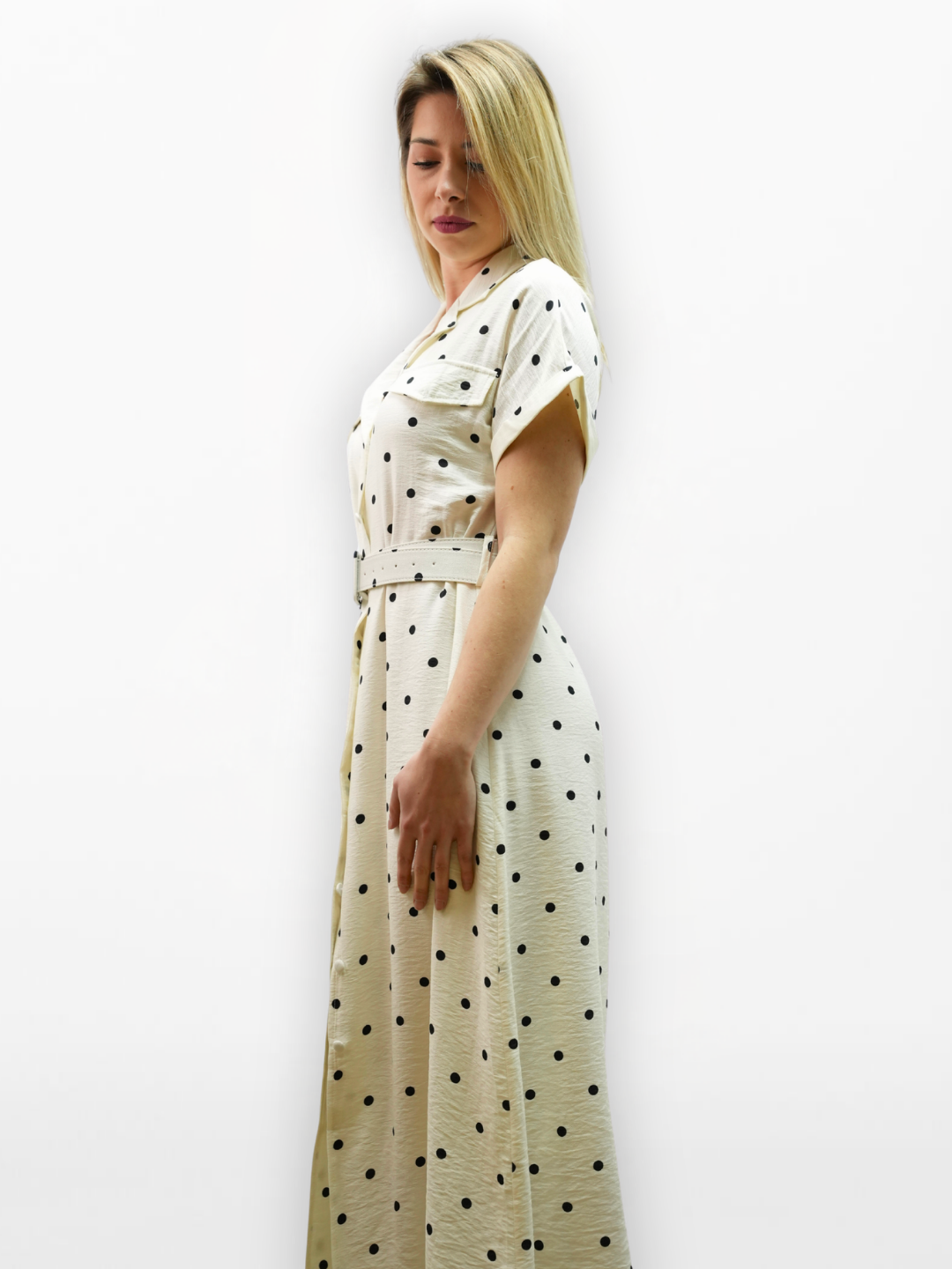 Maxi-Hemdblusenkleid mit Polka-Dots und Gürtel