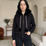 Veste zippée à capuche avec strass et fausse fourrure – Noir