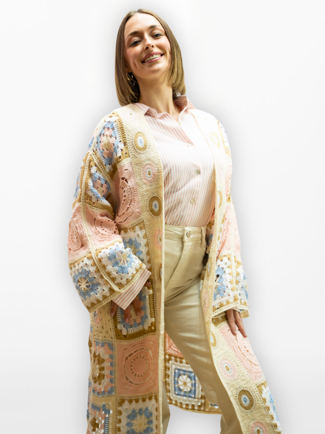 Khaki lange gilet haakwerk patchwork pastel veelkleurig oversized