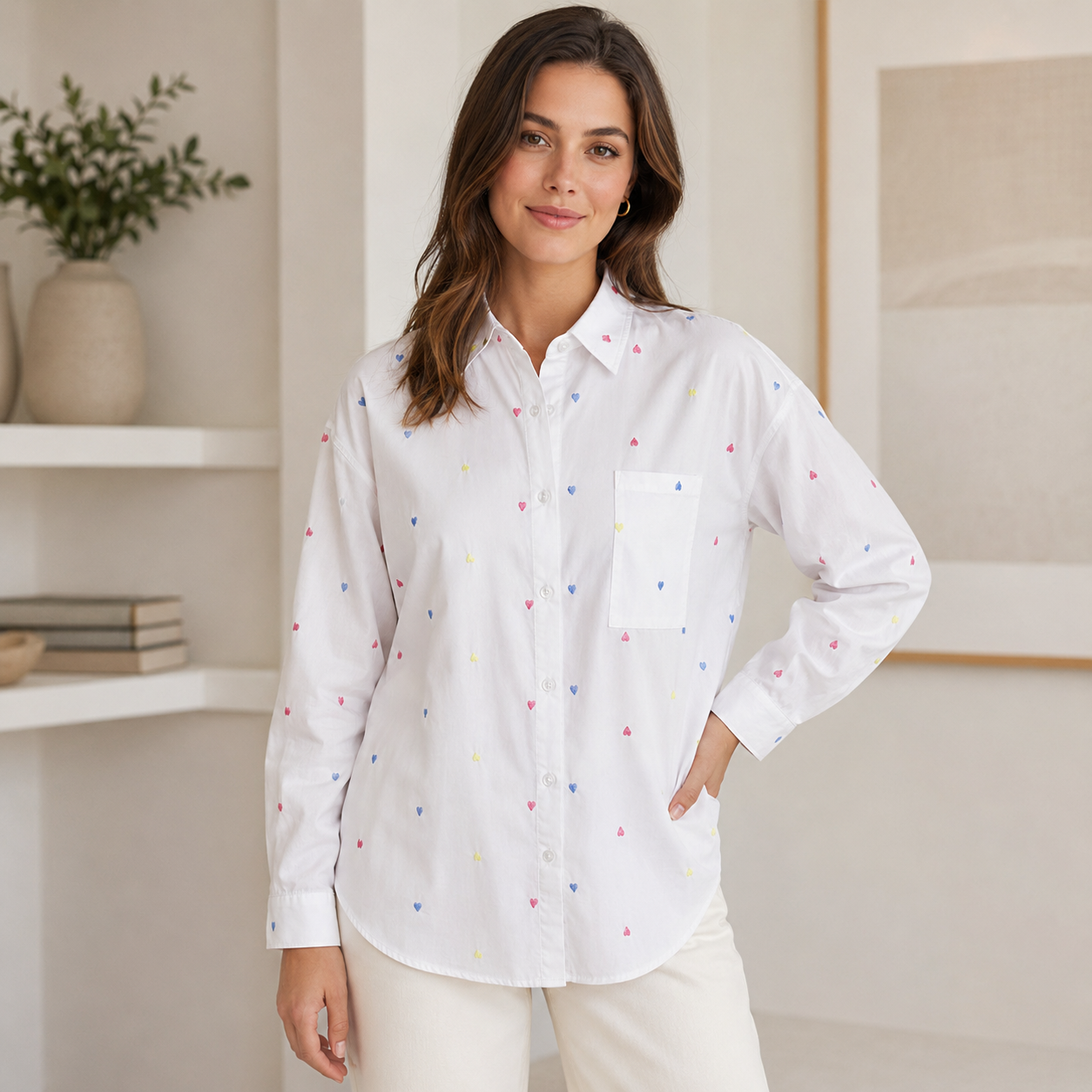 Chemise oversize boutonnée avec broderies cœur