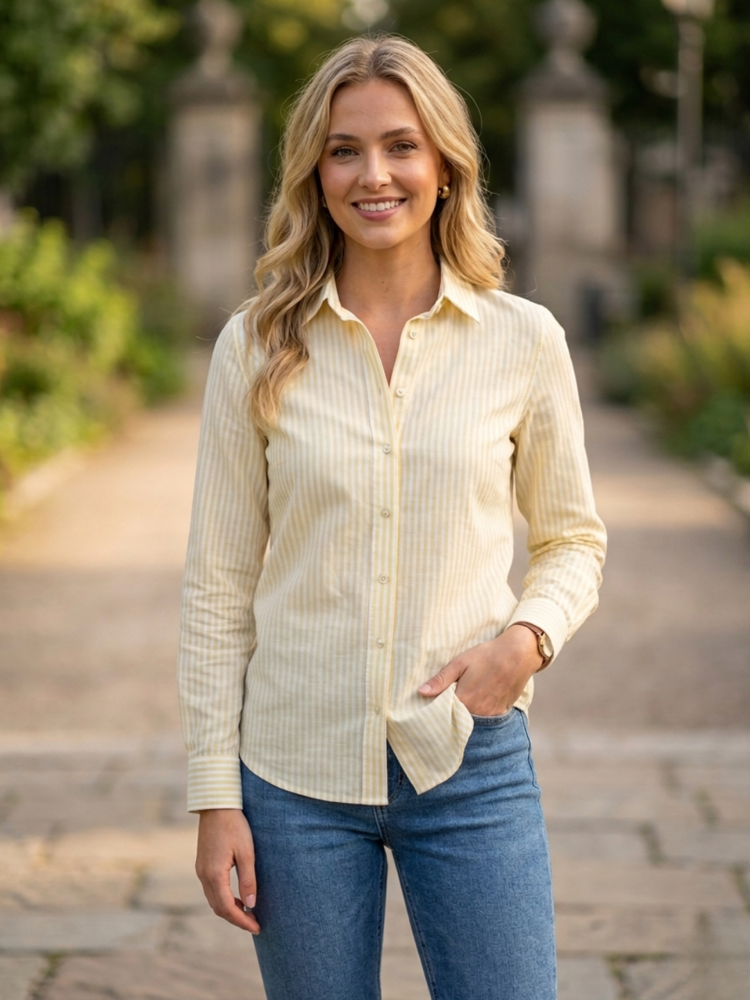 Chemise Rayée Jaune Pâle Col Classique & Manches Longues