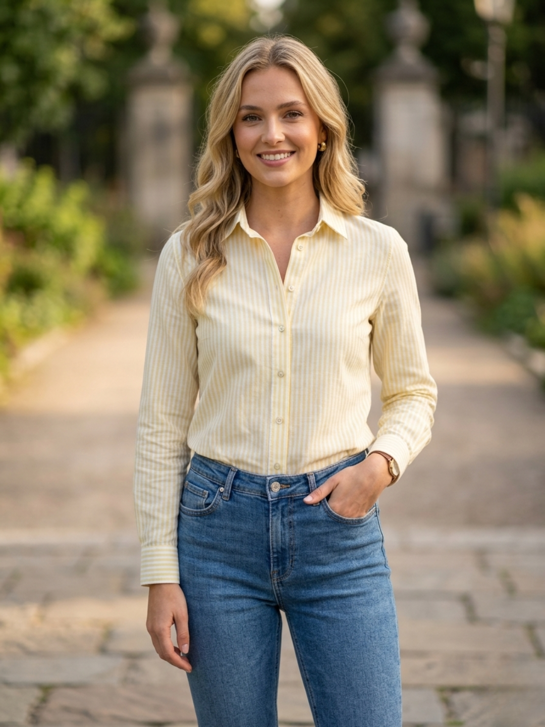 Chemise Rayée Jaune Pâle Col Classique & Manches Longues