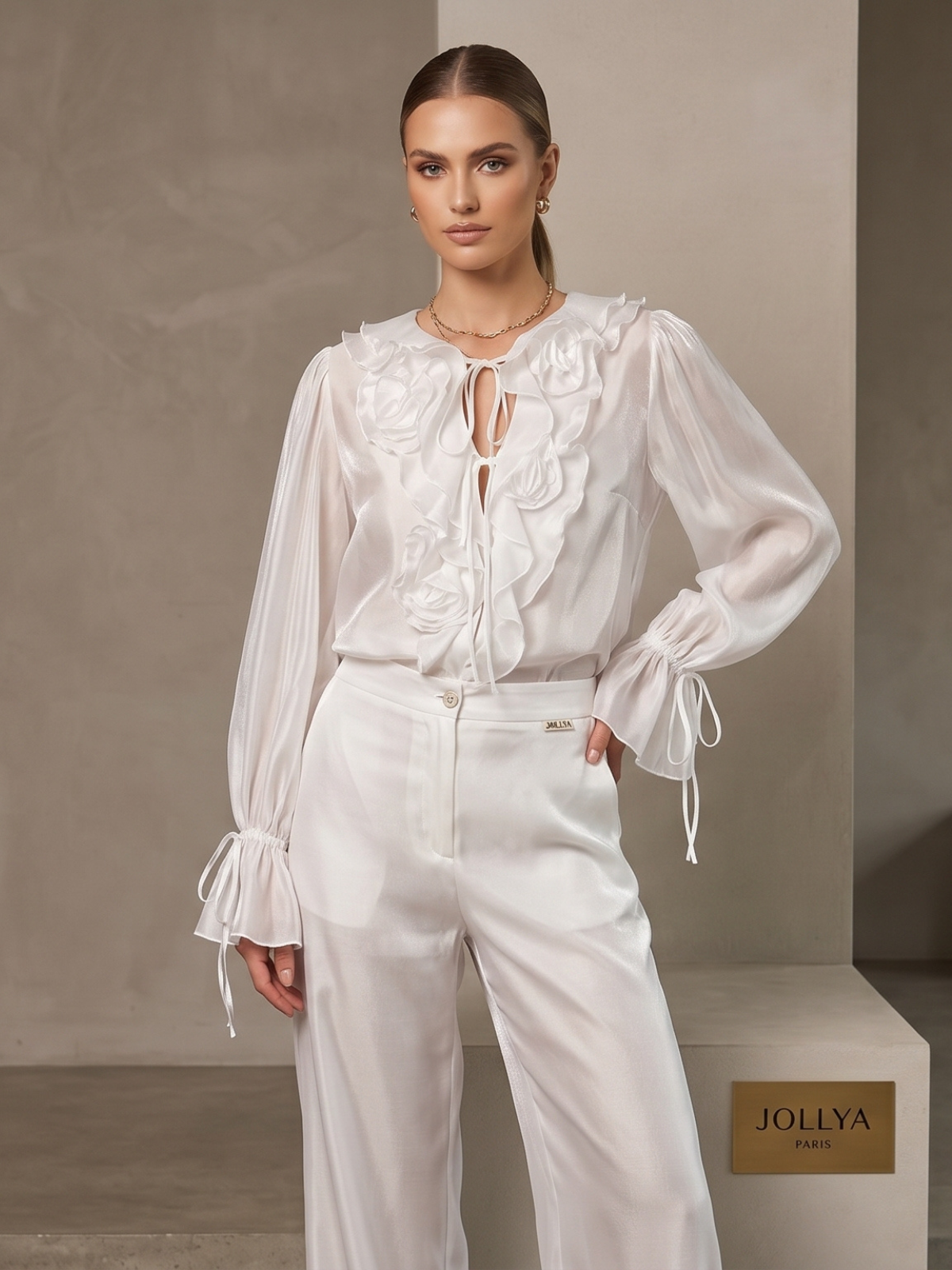 Blouse Volants Crème Nœuds Ajustables