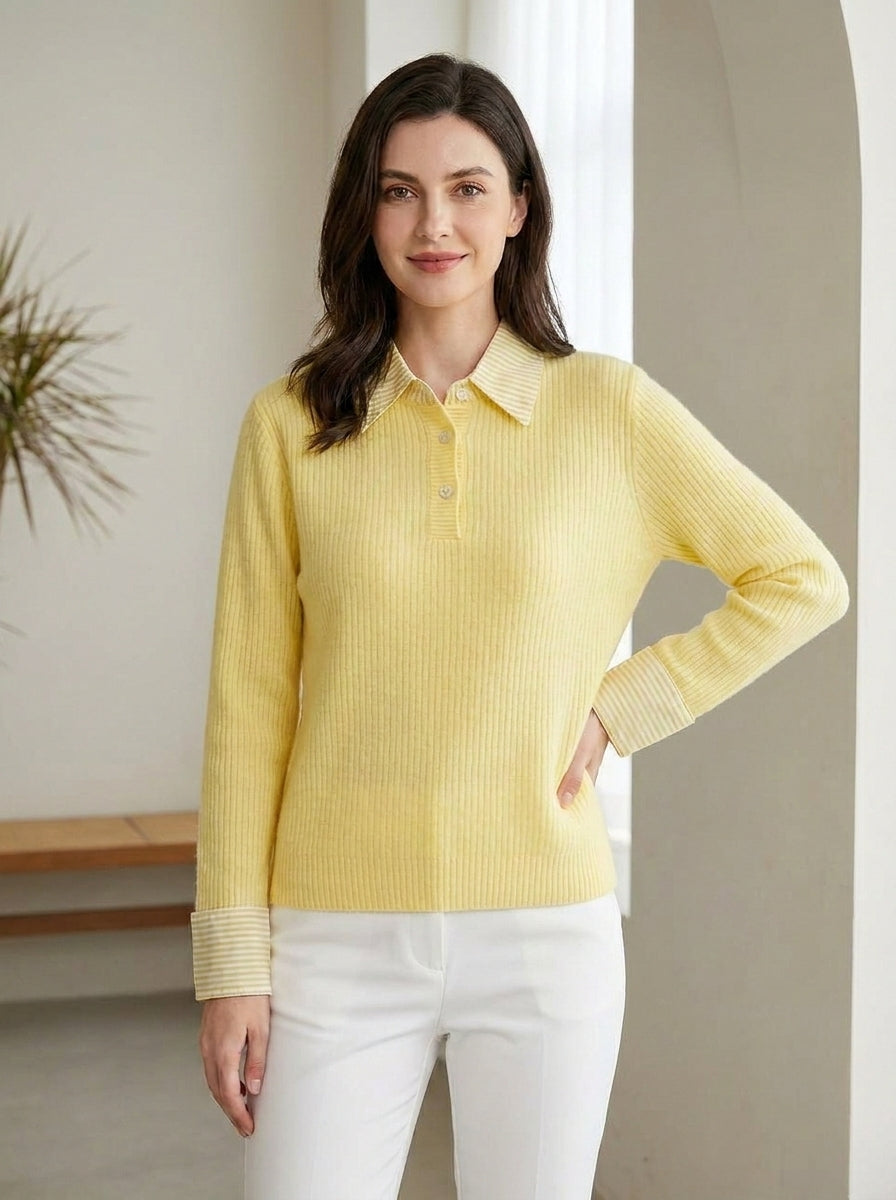 Pull en Maille Polo Côtelé – Pull à Manches Longues avec Poignets Rayés