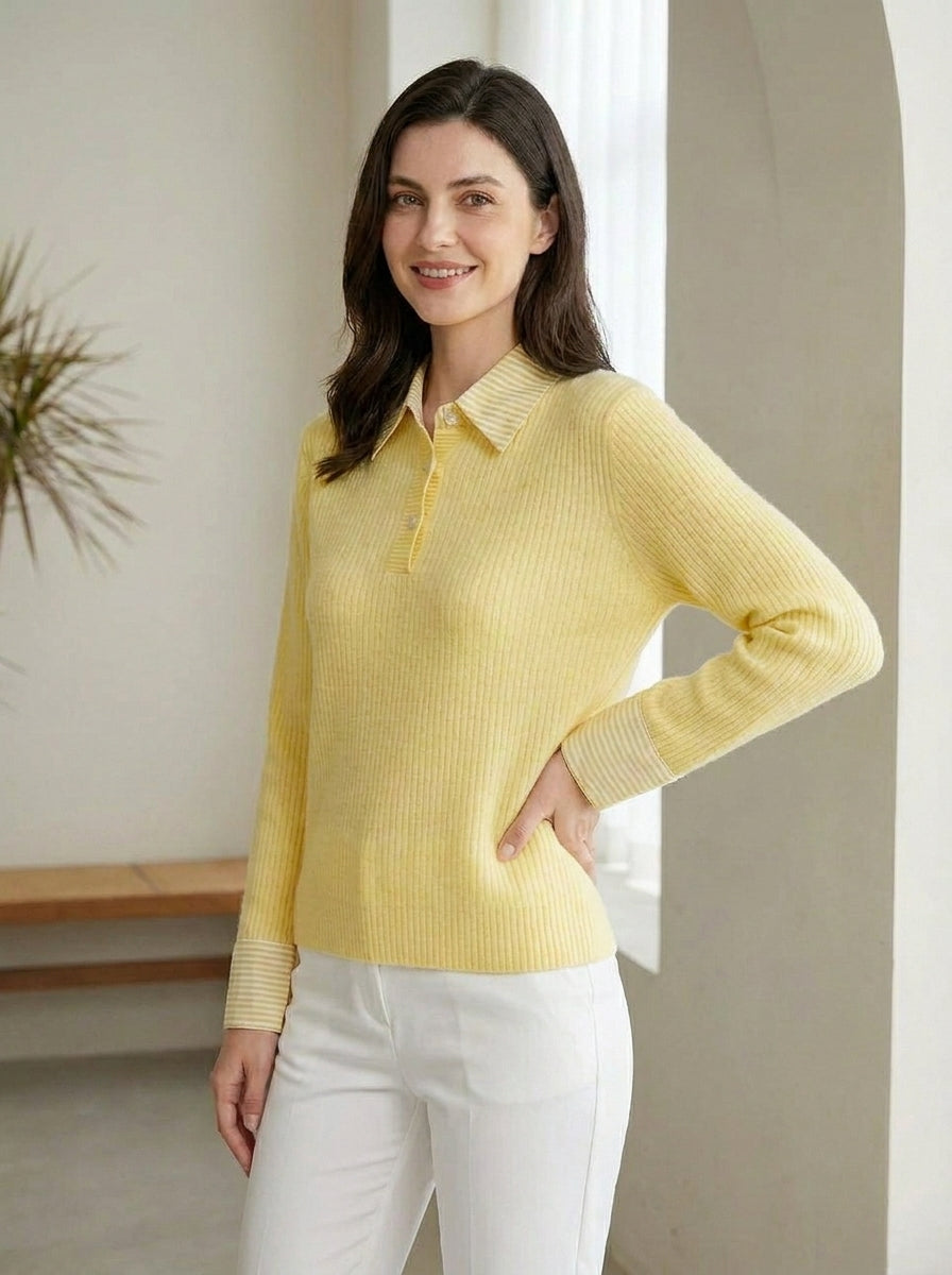Pull en Maille Polo Côtelé – Pull à Manches Longues avec Poignets Rayés