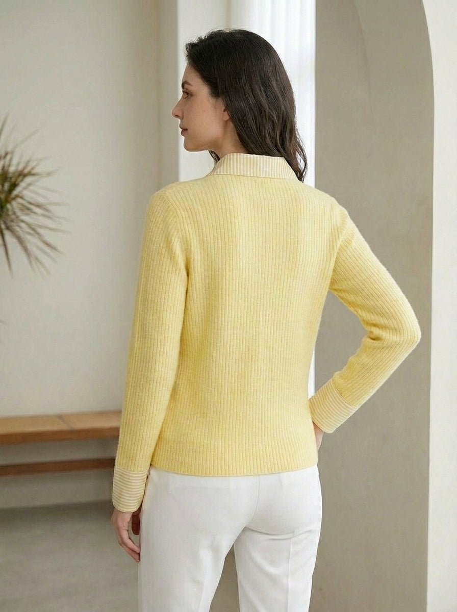 Pull en Maille Polo Côtelé – Pull à Manches Longues avec Poignets Rayés